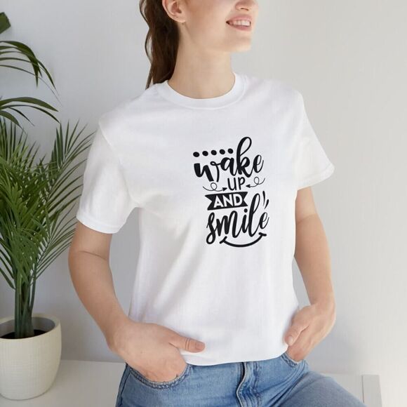 Wake Up and Smile Women's Short Sleeve Cotton T-Shirt with inspirational message - Picture 1 of 4